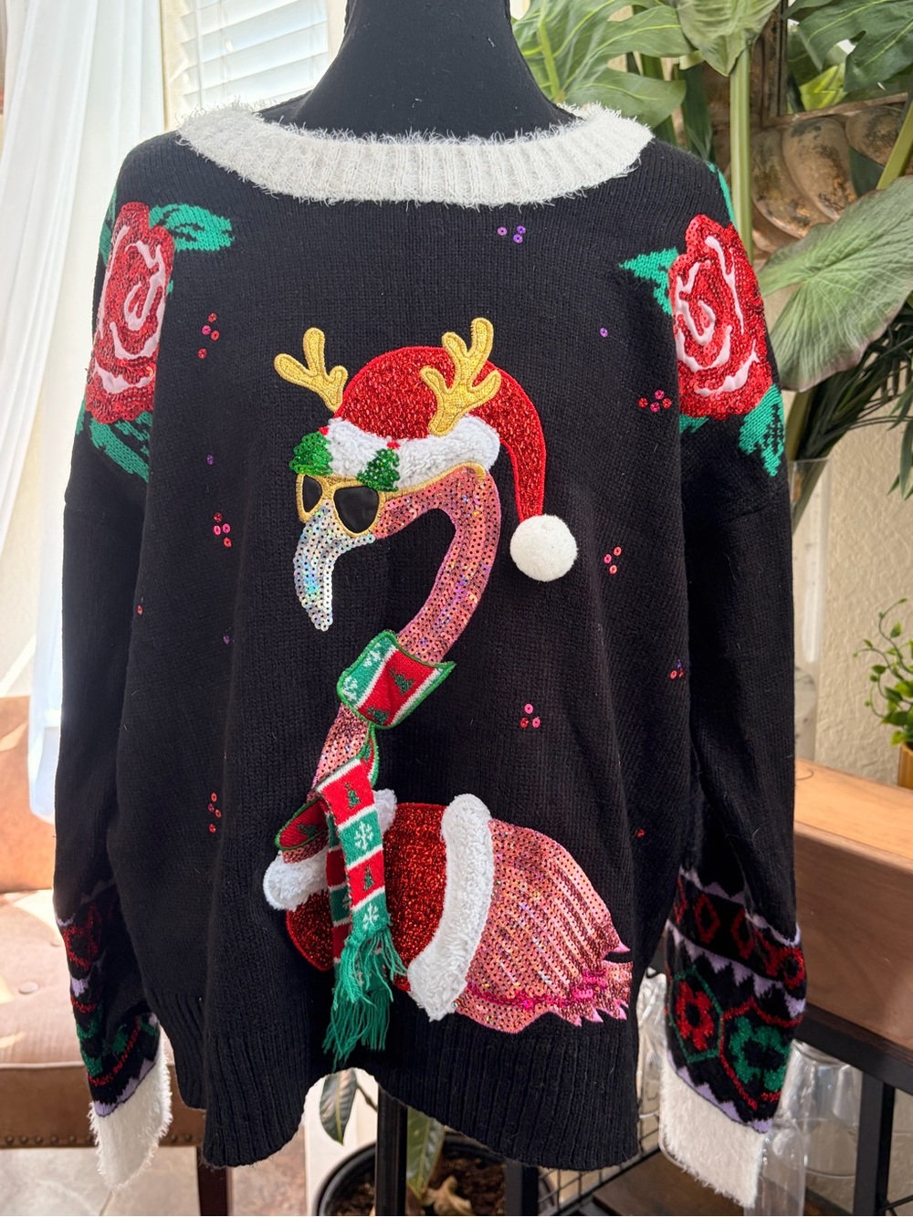 Black Holiday Flamingo Embellished Sweater
